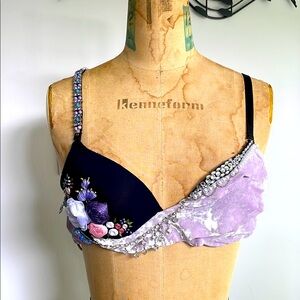 Elegant Black and Purple Embellished Bra